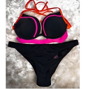 Victorias Secret The Hottie Halter Push Up Bikini Set Black Neon Pink 34C Small
